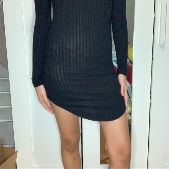 Black Ribbed Crisscross Long Sleeve Bodycon Dress - Picture 3 of 8